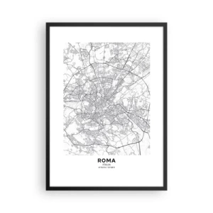 Poster în ramă neagră - Hartă alb-negru a Romei cu străzi și monumente detaliate - 50x70cm - Cerc roman - Decorațiune modernă pentru perete pentru living și dormitor ARTTOR