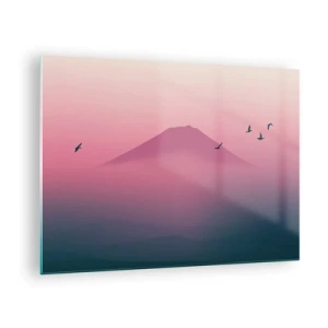 Tablou pe sticlă - Un peisaj minimalist cu un munte și păsări în culori pastelate. - 70x50cm - Călători deasupra norilor - Decorațiune modernă pentru perete pentru living și dormitor ARTTOR