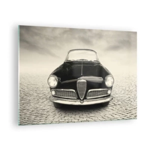 Tablou pe sticlă - Mașină clasică pe drum pietruit în alb și negru - 70x50cm - Și cum să nu mă iubești? - Decorațiune modernă pentru perete pentru living și dormitor ARTTOR