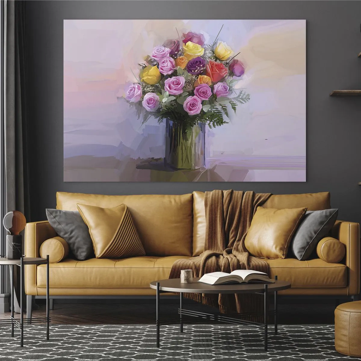 Tablou pe sticlă - Un buchet de trandafiri într-o vază de sticlă pe un fundal pastel - 70x50cm - Frumusețe reținută - Decorațiune modernă pentru perete pentru living și dormitor ARTTOR