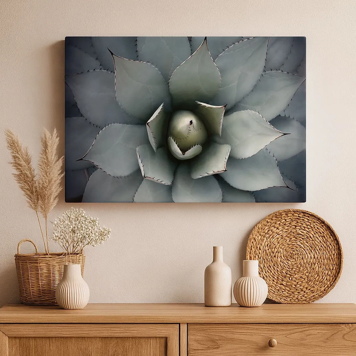 Tablou pe pânză Canvas - Prim-plan al unei rozete de agave în nuanțe delicate de verde - 70x50cm - Momește și avertizează - Decorațiune modernă pentru perete pentru living și dormitor ARTTOR