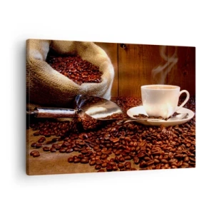 Tablou pe pânză Canvas - O ceașcă de cafea cu boabe de cafea și o pungă de cereale în fundal - 70x50cm - Poți să simți parfumul? - Decorațiune modernă pentru perete pentru living și dormitor ARTTOR