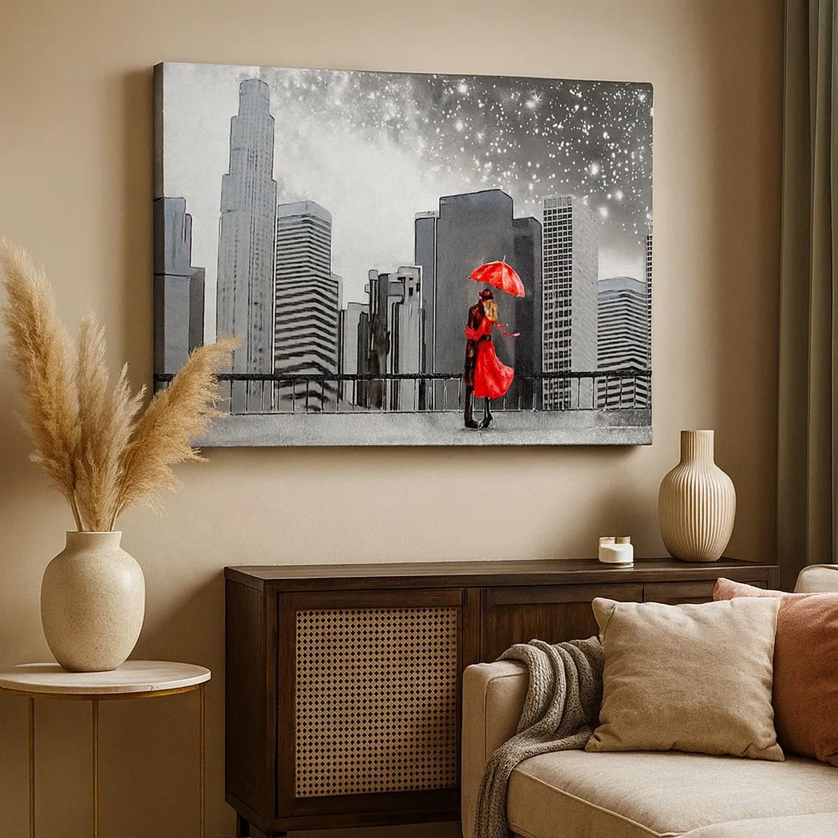 Tablou pe pânză Canvas - Un cuplu în roșu cu o umbrelă pe fundalul unui peisaj urban - 70x50cm - Un om, nu o piatră - Decorațiune modernă pentru perete pentru living și dormitor ARTTOR