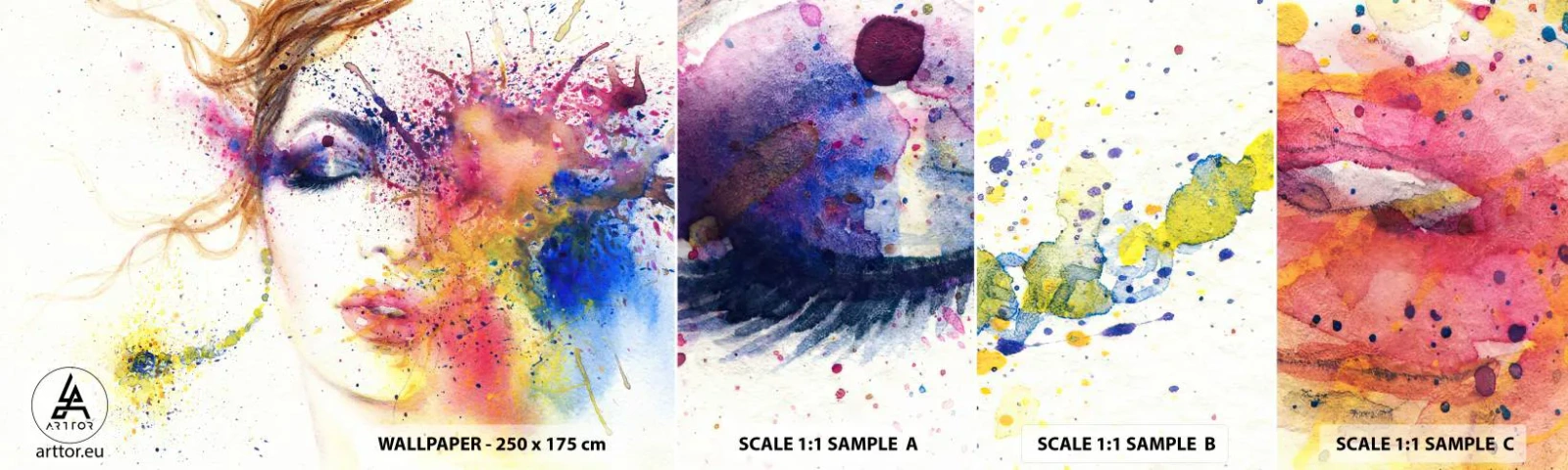 Mostră de Tapet Standard Eco - Amețeala curcubeului - Abstracția, Chipul de femeie, Portretul unei femei - 100x30 cm