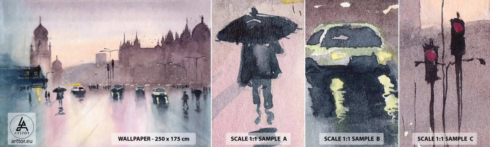 Mostră tapet autocolant Deluxe Sticker - Într-o ceață ploioasă - Oraș, Arhitectură, Monumente - 100x30 cm