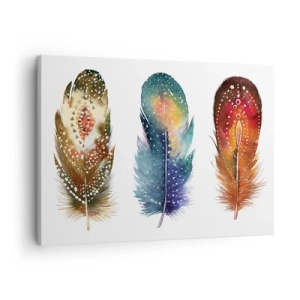Tablou pe pânză Canvas - Trei pene colorate cu modele artistice pe un fundal deschis - 70x50cm - Ritualuri, rituri, mistere - Decorațiune modernă pentru perete pentru living și dormitor ARTTOR