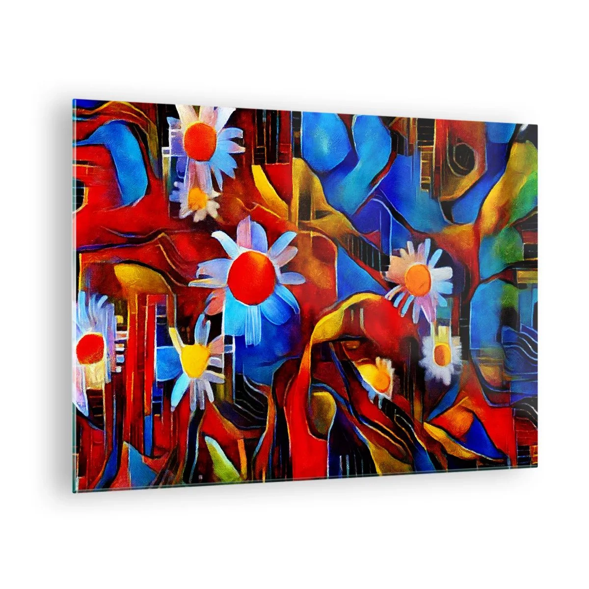 Tablou pe sticlă - Flori abstracte colorate pe un fundal de culori intense - 70x50cm - Culorile vieții - Decorațiune modernă pentru perete pentru living și dormitor ARTTOR