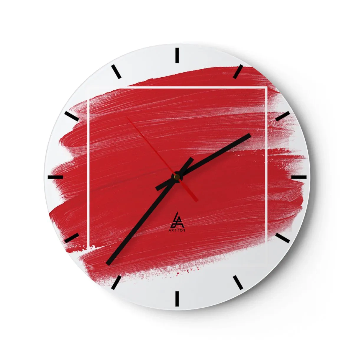 Ceas de perete - Ceas pe sticlă - Tușă de pensulă roșie care traversează o margine albă - 30x30cm - În afara cadrului - Decorațiune modernă pentru perete pentru living, bucătărie și dormitor ARTTOR