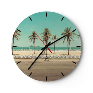 Ceas de perete - Ceas pe sticlă - Palmieri și o plajă cu o promenadă lângă marea turcoaz - 30x30cm - La paza plajei - Decorațiune modernă pentru perete pentru living, bucătărie și dormitor ARTTOR