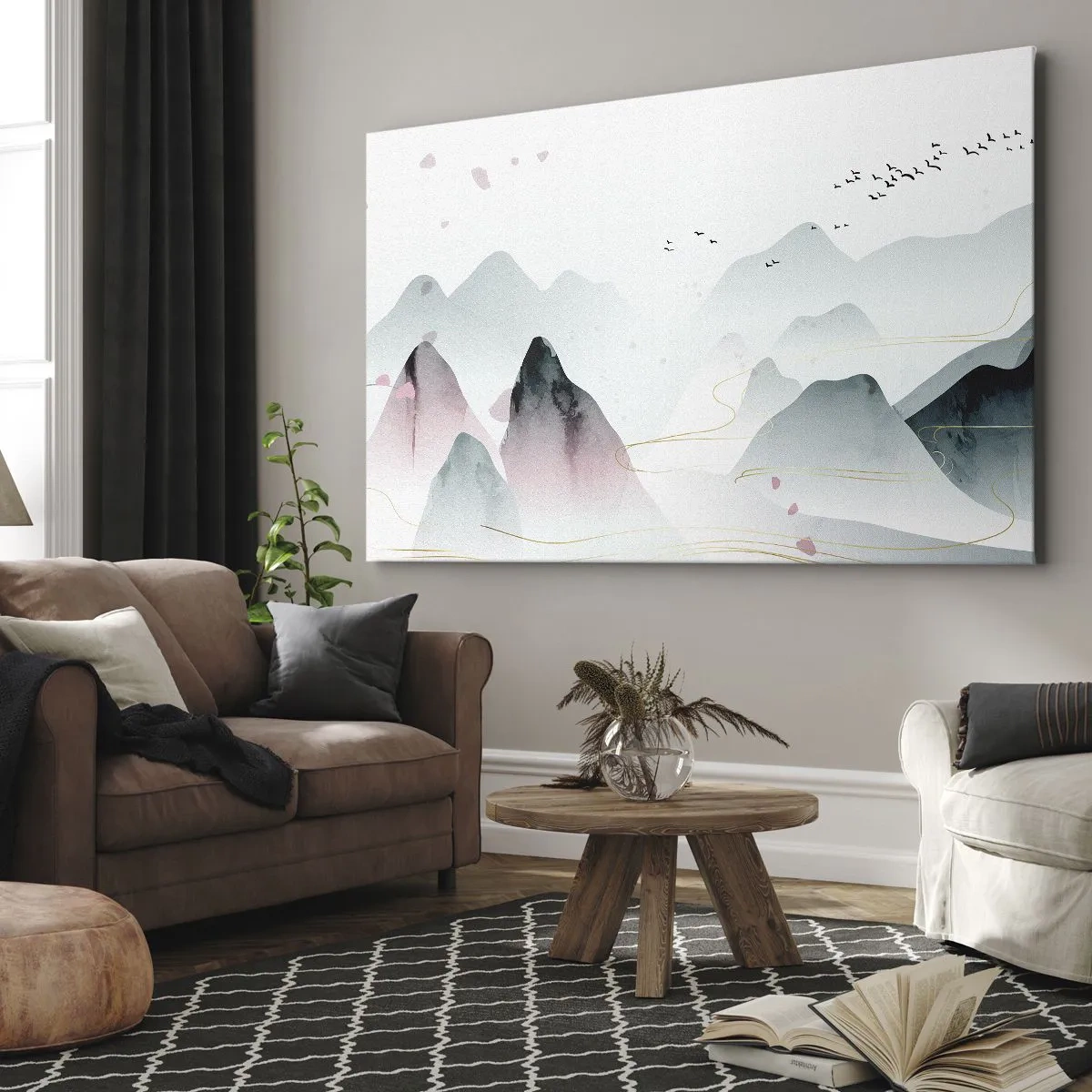 Tablou pe pânză Canvas - Munți abstracți în nuanțe pastelate - 70x50cm - Peste vârfuri - Decorațiune modernă pentru perete pentru living și dormitor ARTTOR