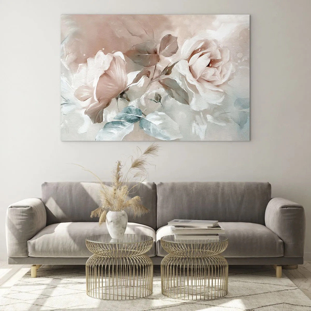 Tablou pe sticlă - Trandafiri delicați în acuarelă pastelată pe un fundal deschis - 70x50cm - Spiritul romantismului - Decorațiune modernă pentru perete pentru living și dormitor ARTTOR