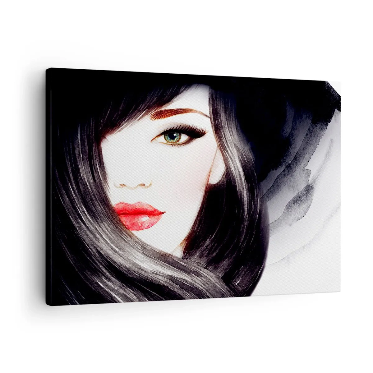 Tablou pe pânză Canvas - Portretul unei femei cu o privire expresivă și buze roșii - 70x50cm - Privirea de safir - Decorațiune modernă pentru perete pentru living și dormitor ARTTOR