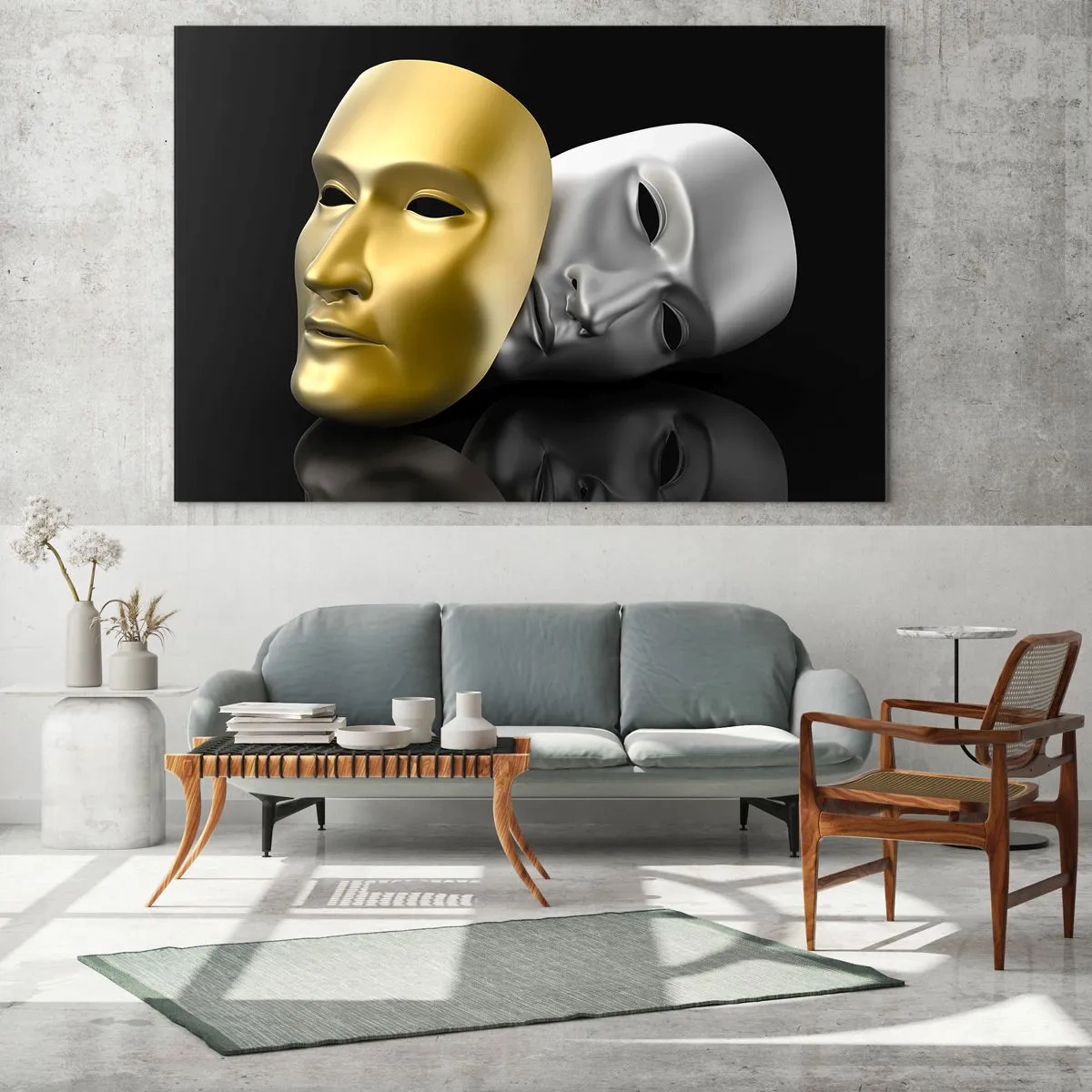 Tablou pe sticlă - Mască de aur și argint pe fundal negru - 70x50cm - Viața este teatru - Decorațiune modernă pentru perete pentru living și dormitor ARTTOR