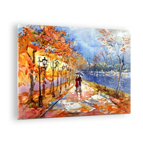 Tablou pe sticlă - O plimbare de toamnă de-a lungul bulevardului cu frunze colorate și felinare - 70x50cm - Împreună până la limita de timp - Decorațiune modernă pentru perete pentru living și dormitor ARTTOR