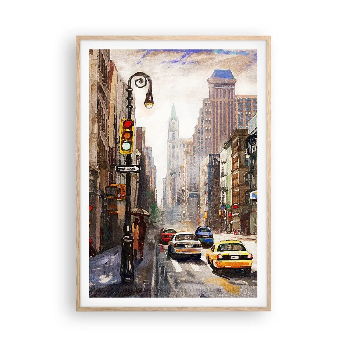Poster în ramă de stejar deschis - New York - plin de culoare și în ploaie - 70x100 cm
