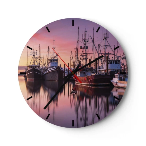 Ceas de perete - Ceas pe sticlă - Bărci de pescuit ancorate în port la apus - 30x30cm - Înainte de o zi plină - Decorațiune modernă pentru perete pentru living, bucătărie și dormitor ARTTOR