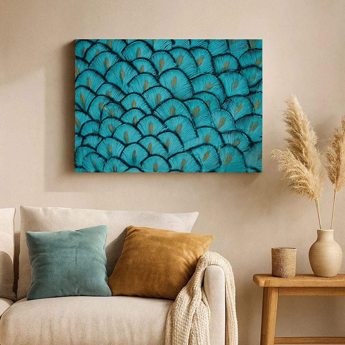 Tablou pe pânză Canvas - Un model asemănător cu solzi turcoaz cu accente aurii - 70x50cm - Marea gală a penelor - Decorațiune modernă pentru perete pentru living și dormitor ARTTOR
