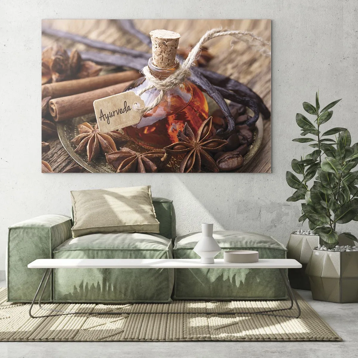 Tablou pe sticlă - Sticlă de ulei și condimente în stil ayurvedic - 70x50cm - Unitatea trupului și a spiritului - Decorațiune modernă pentru perete pentru living și dormitor ARTTOR
