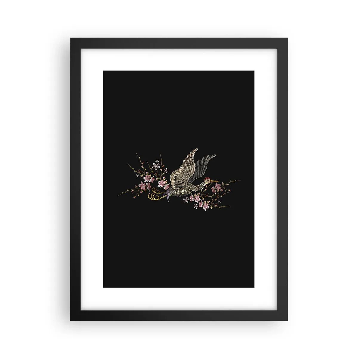 Poster în ramă neagră - Pasăre exotică brodată - 30x40 cm
