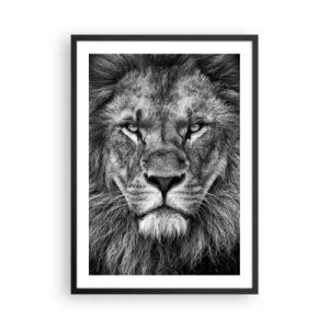 Poster în ramă neagră - Portret alb-negru al unui leu maiestuos - 50x70cm - În ținuta de încoronare - Decorațiune modernă pentru perete pentru living și dormitor ARTTOR