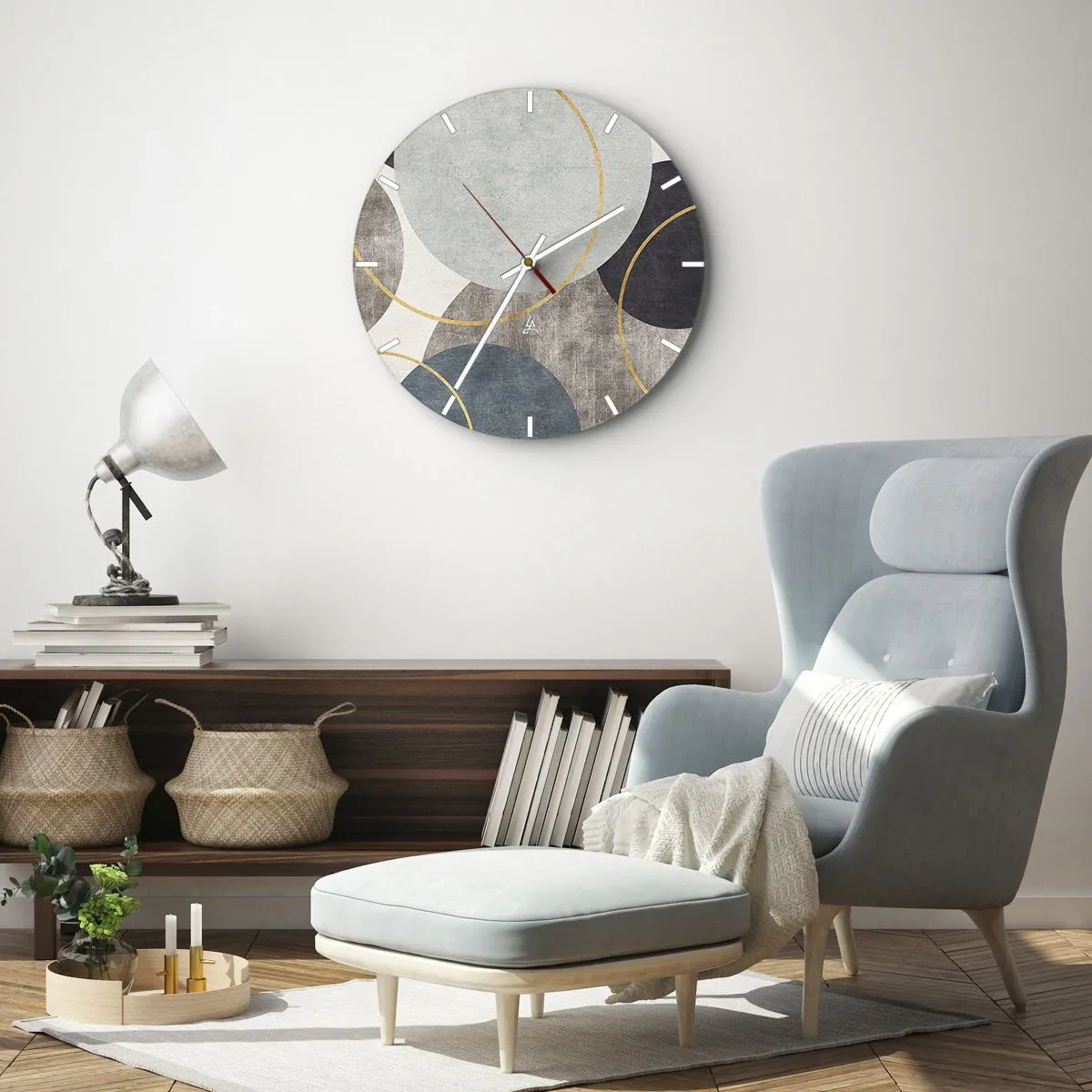 Ceas de perete - Ceas pe sticlă - O compoziție elegantă de cercuri și arcuri în culori discrete. - 30x30cm - Roată cu roată - Decorațiune modernă pentru perete pentru living, bucătărie și dormitor ARTTOR