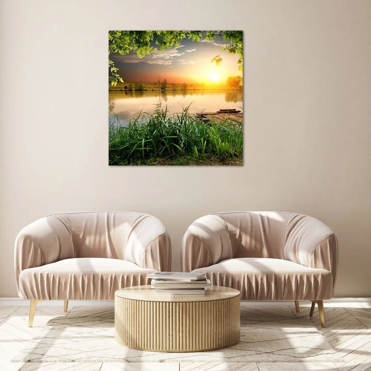 Tablou pe sticlă - Peisaj într-un cadru verde - 50x50 cm