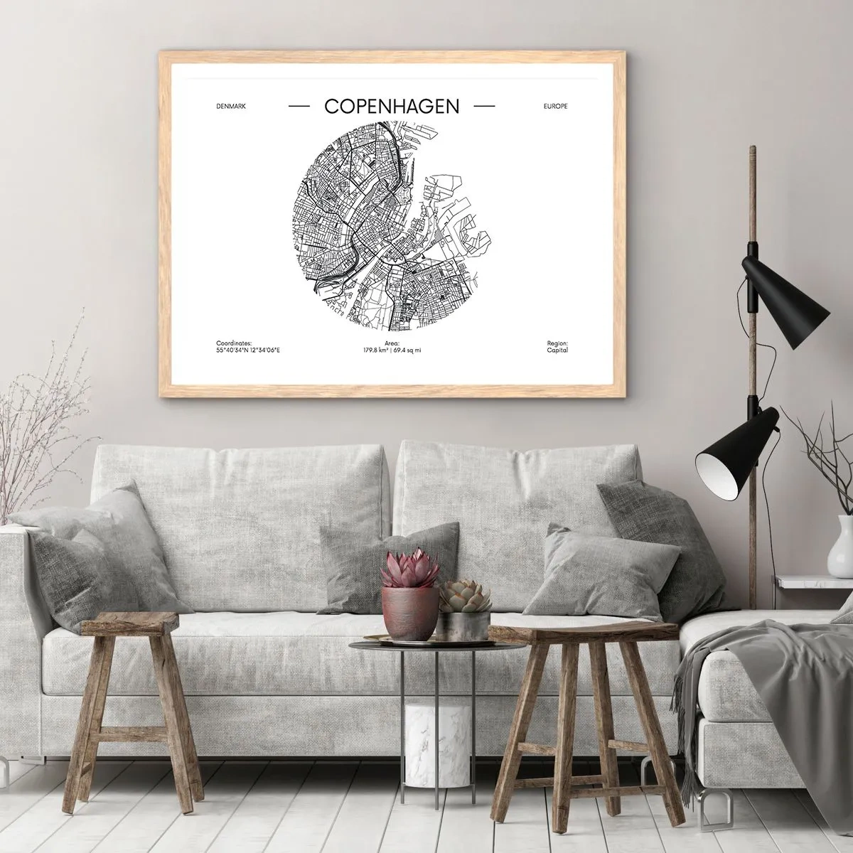 Poster în ramă de stejar deschis - Anatomia Copenhagăi - 100x70 cm