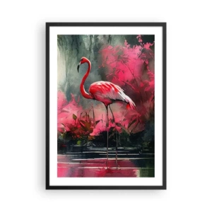 Poster în ramă neagră - Un flamingo înconjurat de vegetație roz lângă apă - 50x70cm - O lecție de farmec natural - Decorațiune modernă pentru perete pentru living și dormitor ARTTOR