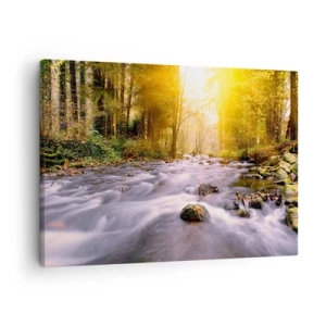Tablou pe pânză Canvas - Un pârâu de pădure luminat de razele soarelui - 70x50cm - Malachit în rame de argint și aur - Decorațiune modernă pentru perete pentru living și dormitor ARTTOR