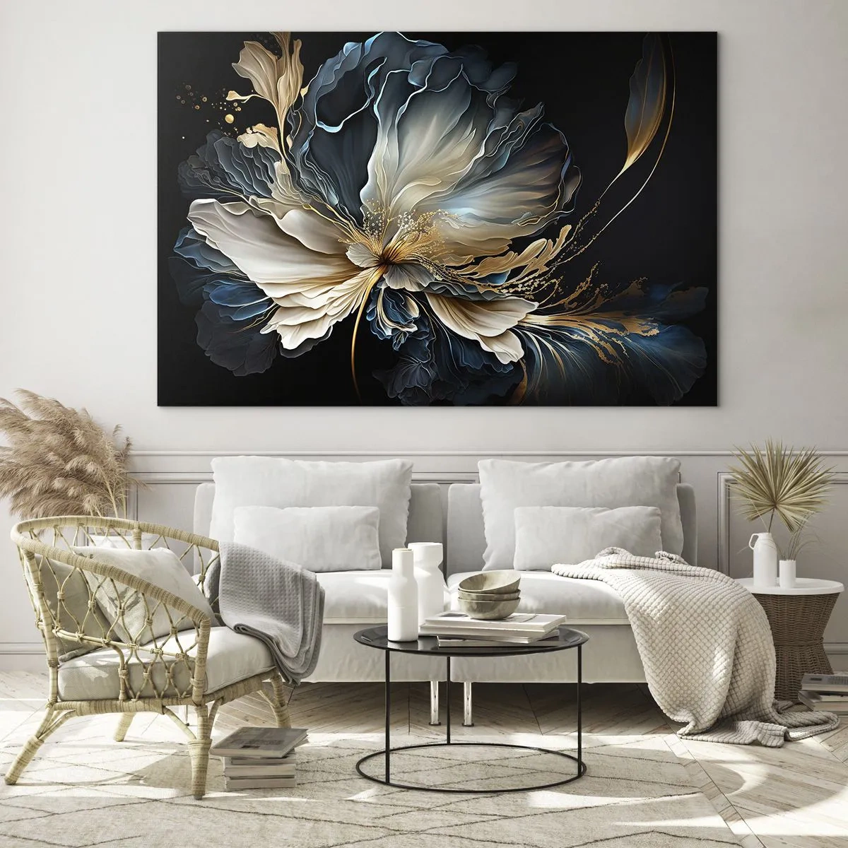 Tablou pe sticlă - floare elegantă în nuanțe de auriu, bleumarin și bej pe negru - 70x50cm - Povestea unei flori de iubire - Decorațiune modernă pentru perete pentru living și dormitor ARTTOR