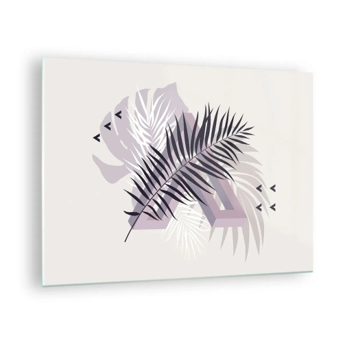 Tablou pe sticlă - O compoziție minimalistă cu frunze de palmier și forme geometrice. - 70x50cm - Umbra unei umbre - Decorațiune modernă pentru perete pentru living și dormitor ARTTOR