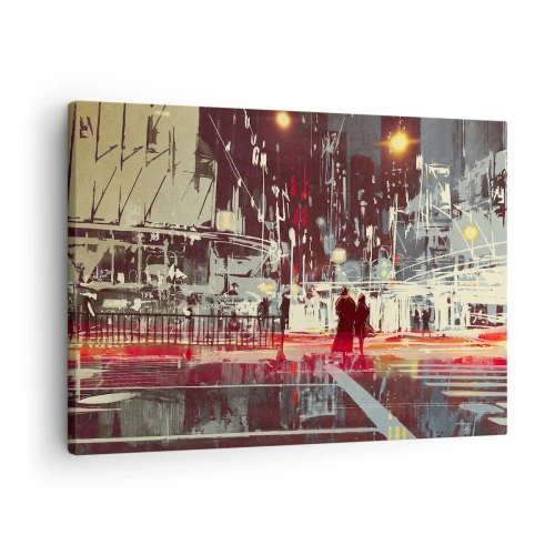 Tablou pe pânză Canvas - Oraș noaptea cu lumini neon și siluete de oameni pe stradă - 70x50cm - O trecere metropolitană - Decorațiune modernă pentru perete pentru living și dormitor ARTTOR