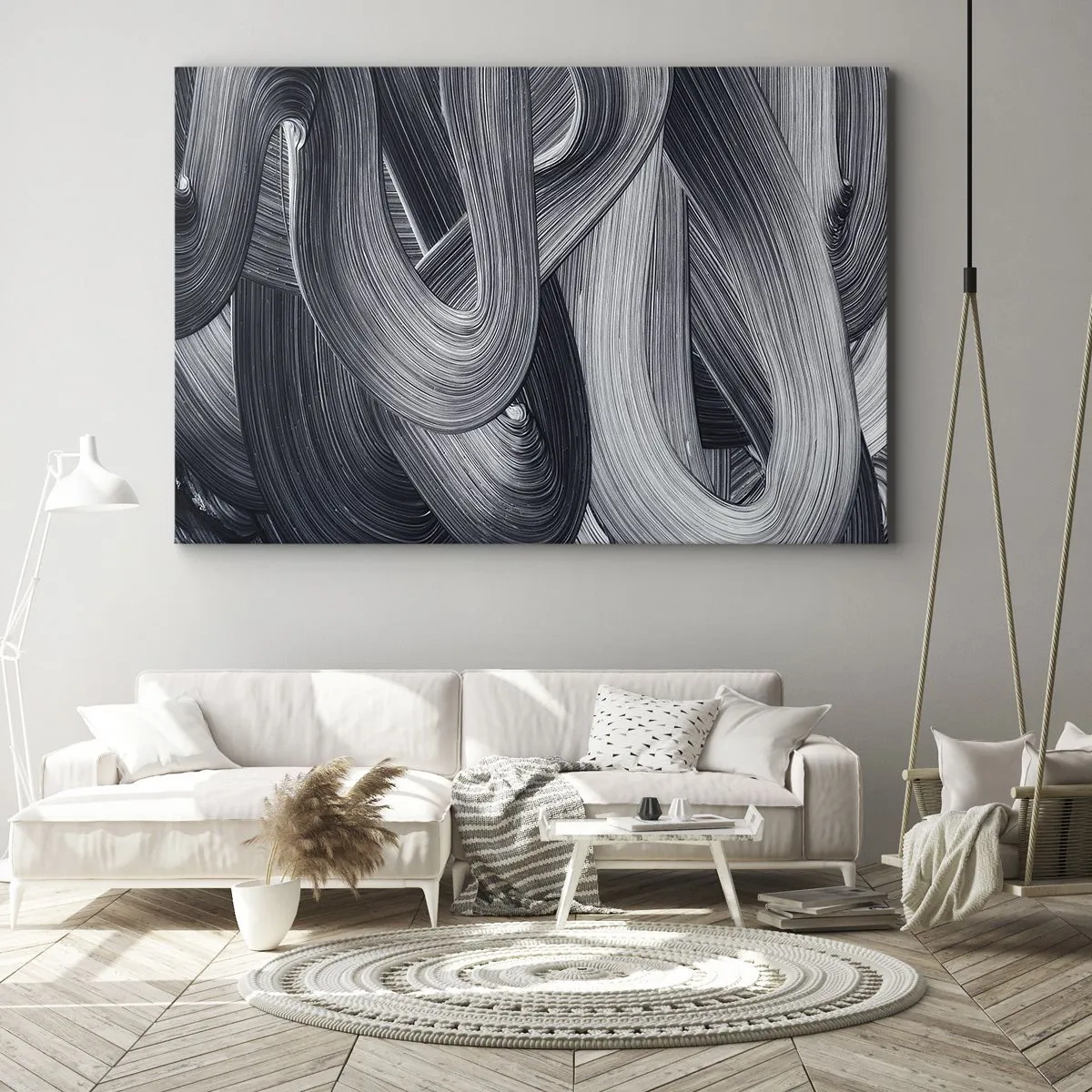 Tablou pe pânză Canvas - Abstracție alb-negru cu tușe dinamice de pensulă. - 70x50cm - Fluiditatea realității - Decorațiune modernă pentru perete pentru living și dormitor ARTTOR