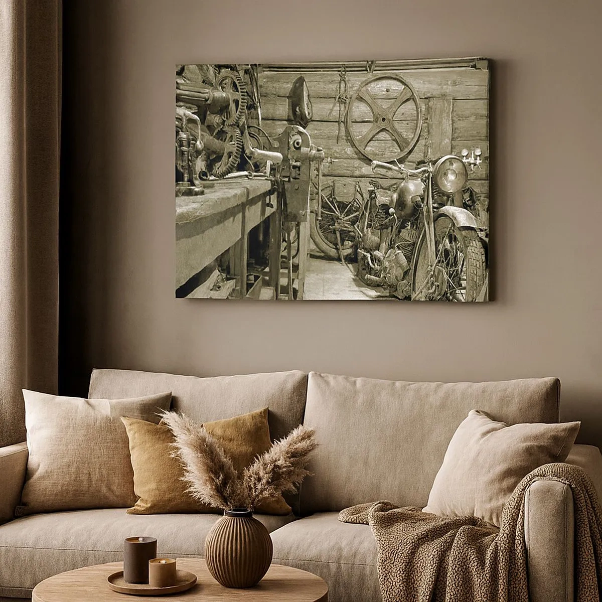 Tablou pe pânză Canvas - Atelier retro cu motociclete și unelte - 70x50cm - În șopronul unchiului Vlad - Decorațiune modernă pentru perete pentru living și dormitor ARTTOR
