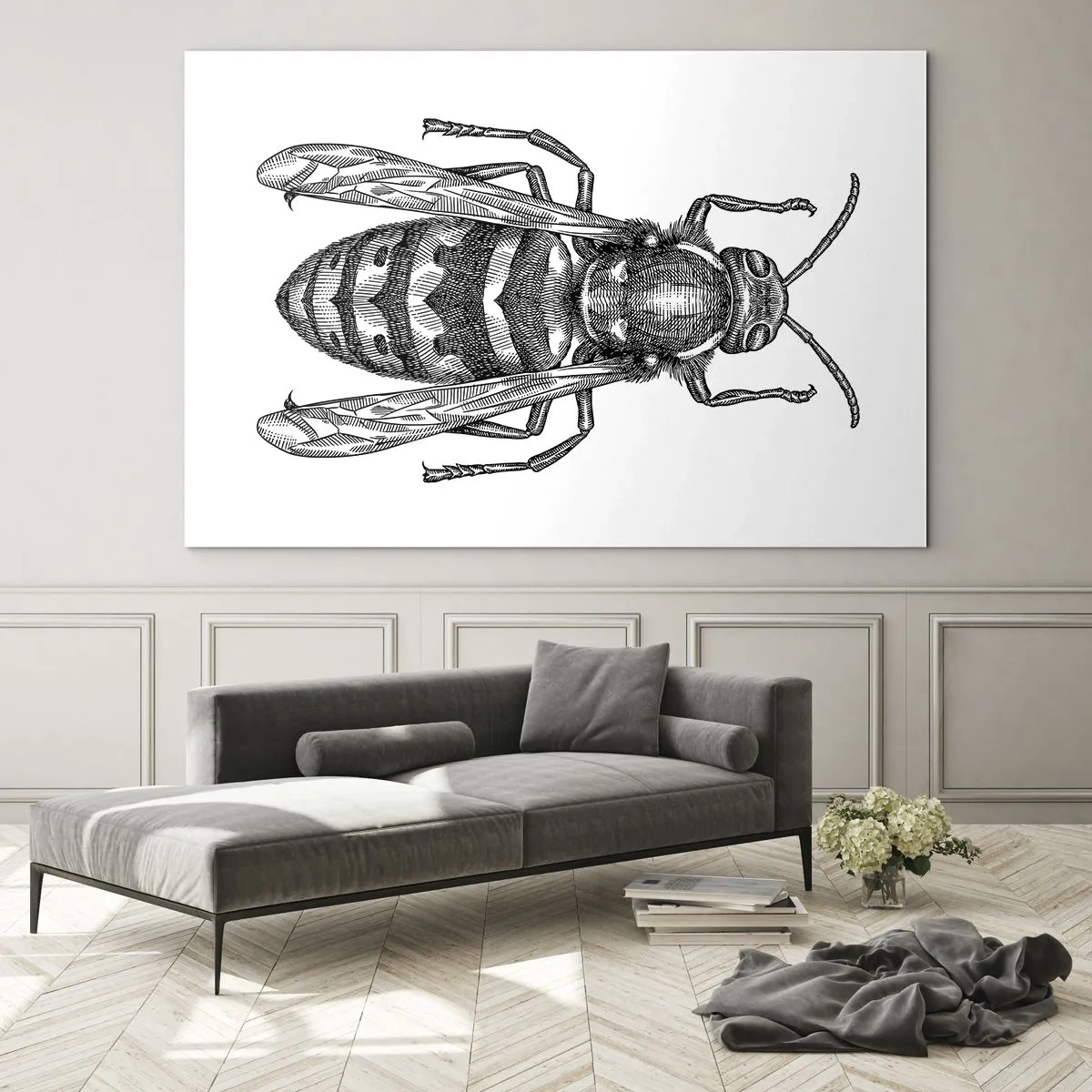 Tablou pe sticlă - Ilustrație retro alb-negru a unei viespi pe fundal alb - 70x50cm - De pe o planetă de insecte - Decorațiune modernă pentru perete pentru living și dormitor ARTTOR