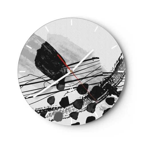 Ceas de perete - Ceas pe sticlă - Forme și linii abstracte alb-negru pe un fundal deschis - 30x30cm - Abstracție organică în negru și alb - Decorațiune modernă pentru perete pentru living, bucătărie și dormitor ARTTOR