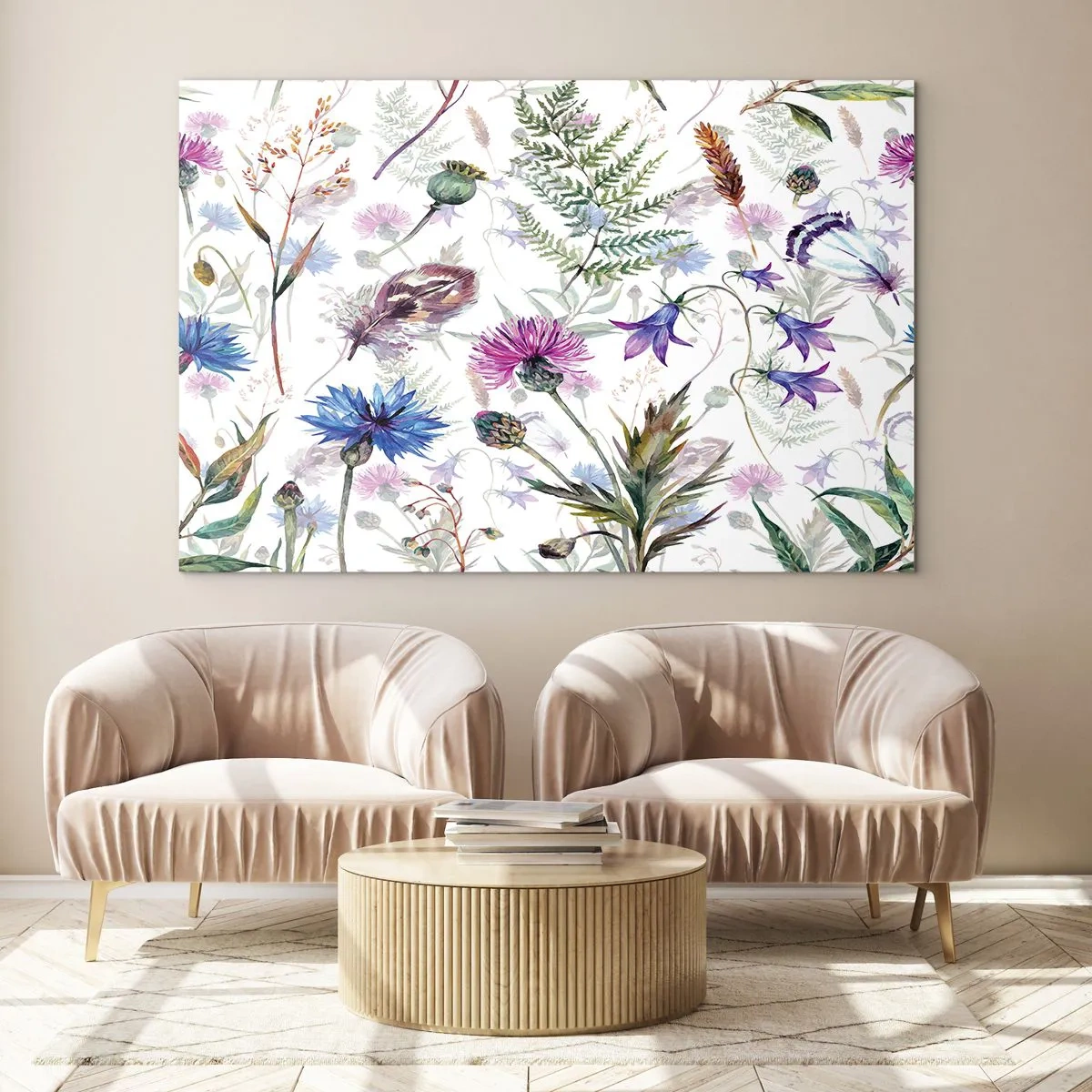 Tablou pe sticlă - Desene cu flori sălbatice și frunze pe un fundal deschis - 70x50cm - Ierbarul polonez - Decorațiune modernă pentru perete pentru living și dormitor ARTTOR