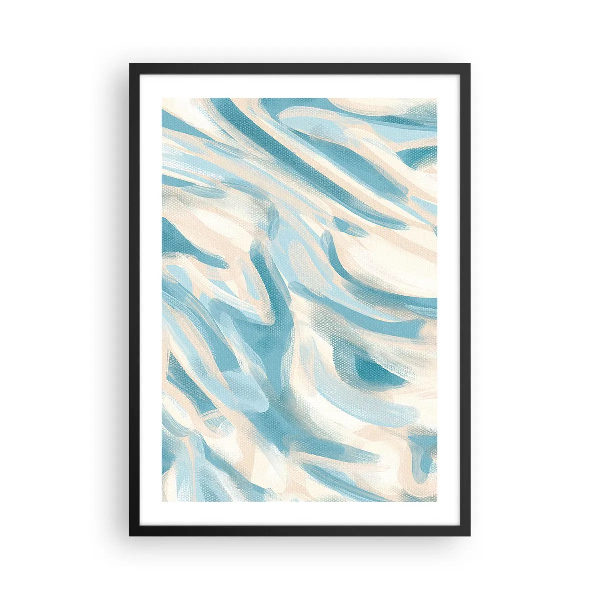 Poster în ramă neagră - Valuri abstracte în nuanțe de albastru și bej - 50x70cm - Brize de primăvară - Decorațiune modernă pentru perete pentru living și dormitor ARTTOR