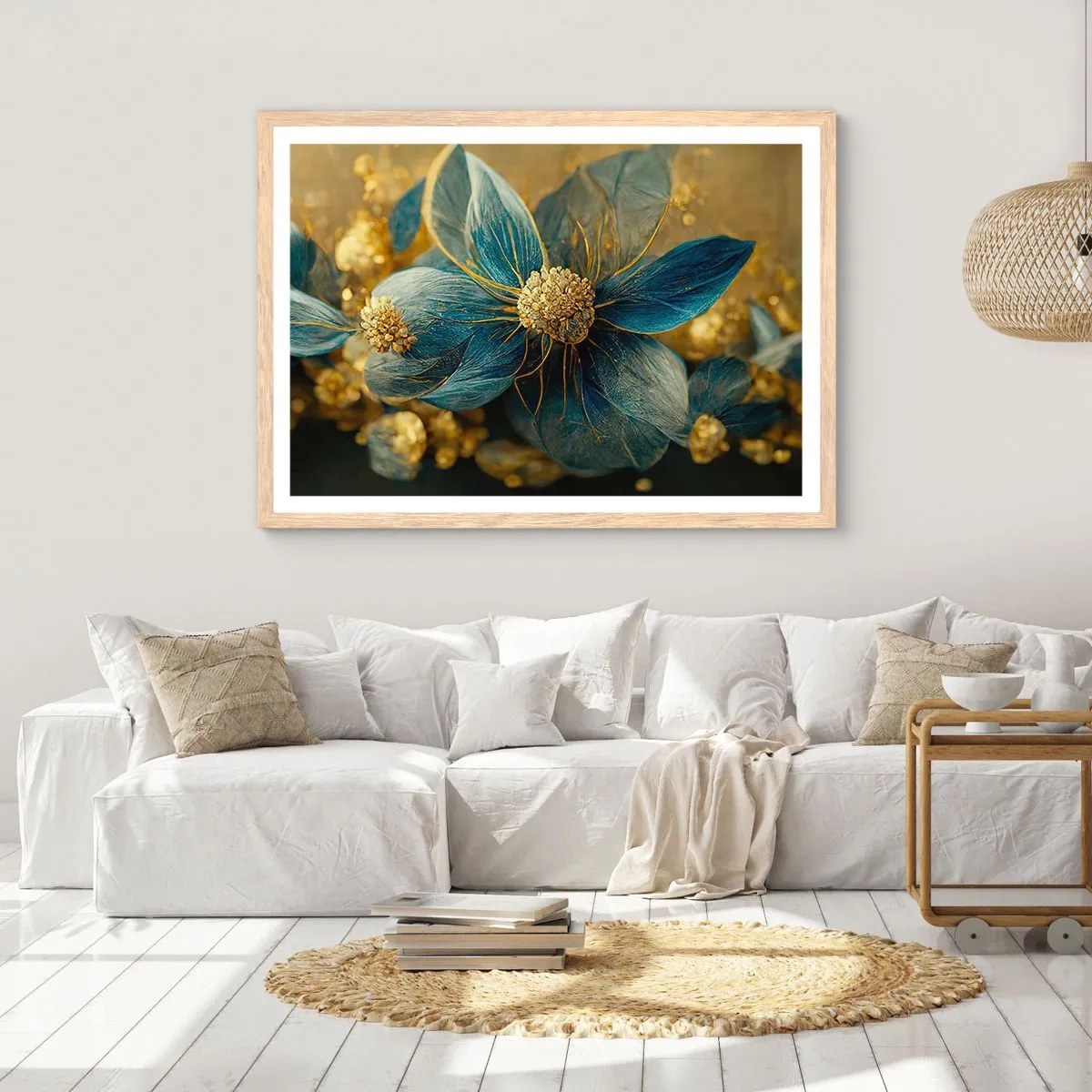 Poster în ramă de stejar deschis - Floare cu aur - 40x30 cm