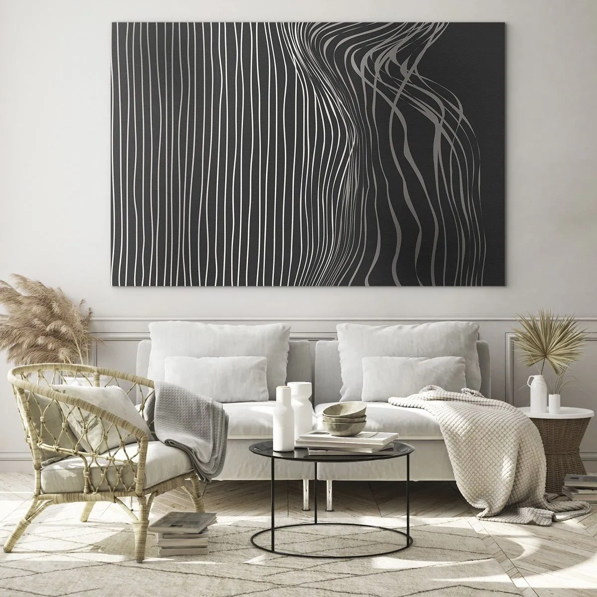 Tablou pe sticlă - Linii delicate într-un aranjament abstract pe un fundal întunecat - 70x50cm - Ritm și accent - Decorațiune modernă pentru perete pentru living și dormitor ARTTOR