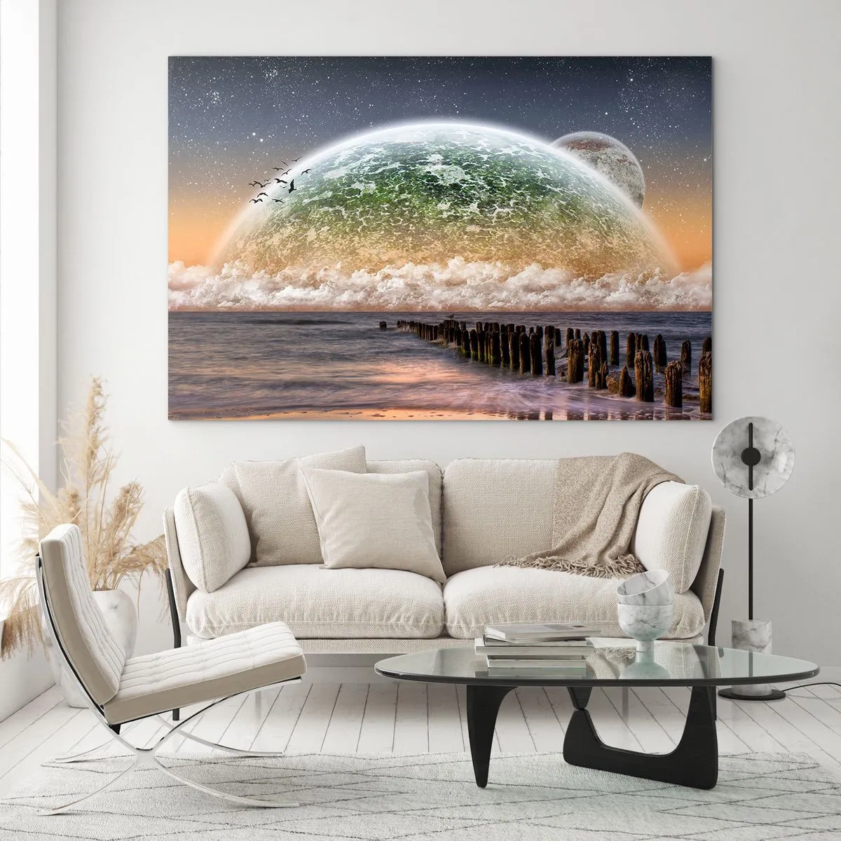 Tablou pe sticlă - Apus de soare peste planetă și ocean - 70x50cm - Și lumea a ieșit din apă - Decorațiune modernă pentru perete pentru living și dormitor ARTTOR