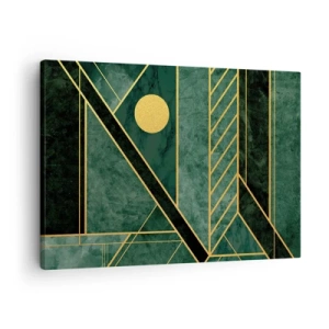 Tablou pe pânză Canvas - Design geometric verde și auriu cu un model elegant - 70x50cm - Dinamica aurului și a azurului - Decorațiune modernă pentru perete pentru living și dormitor ARTTOR