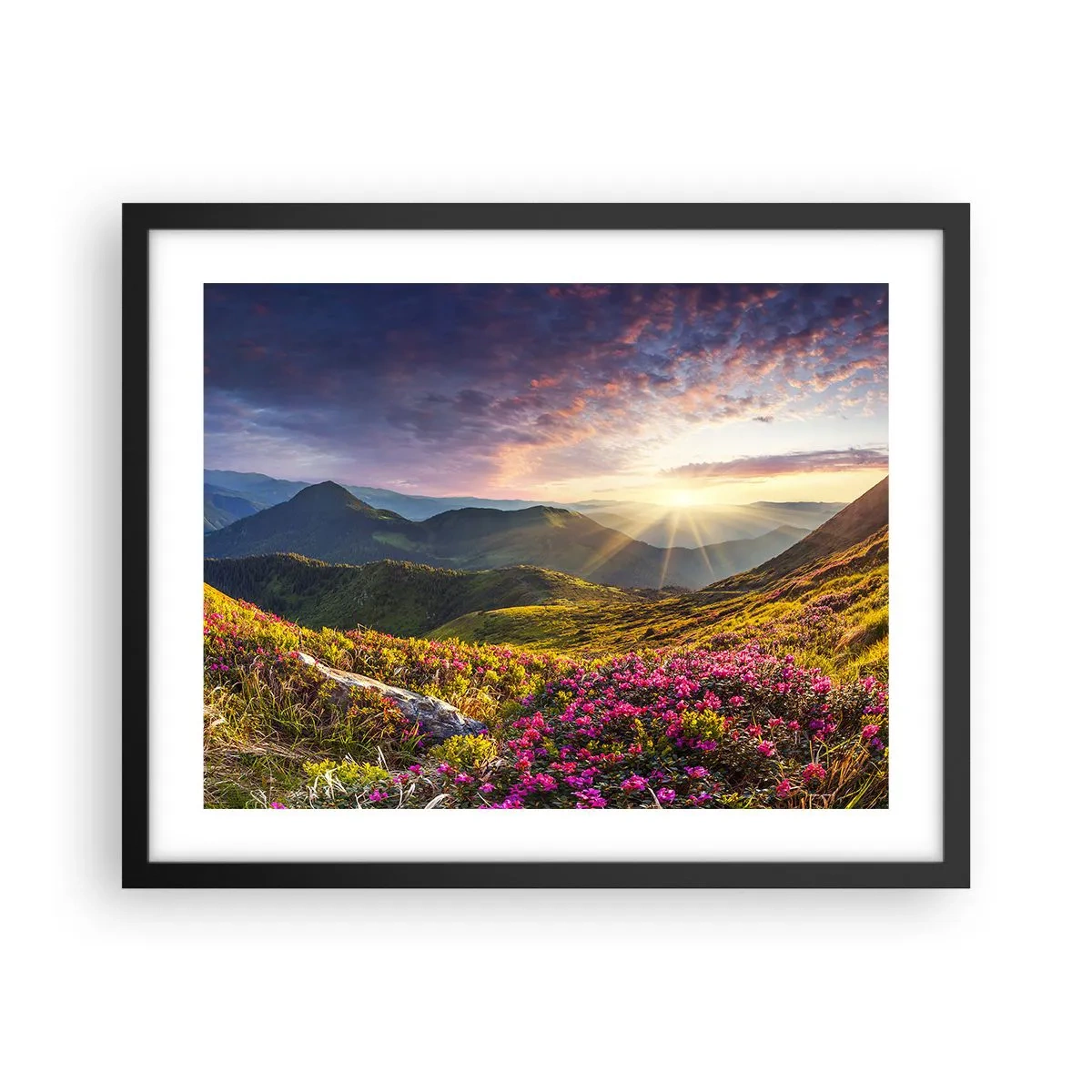 Poster în ramă neagră - Prospețimea unei dimineți de munte - 50x40 cm