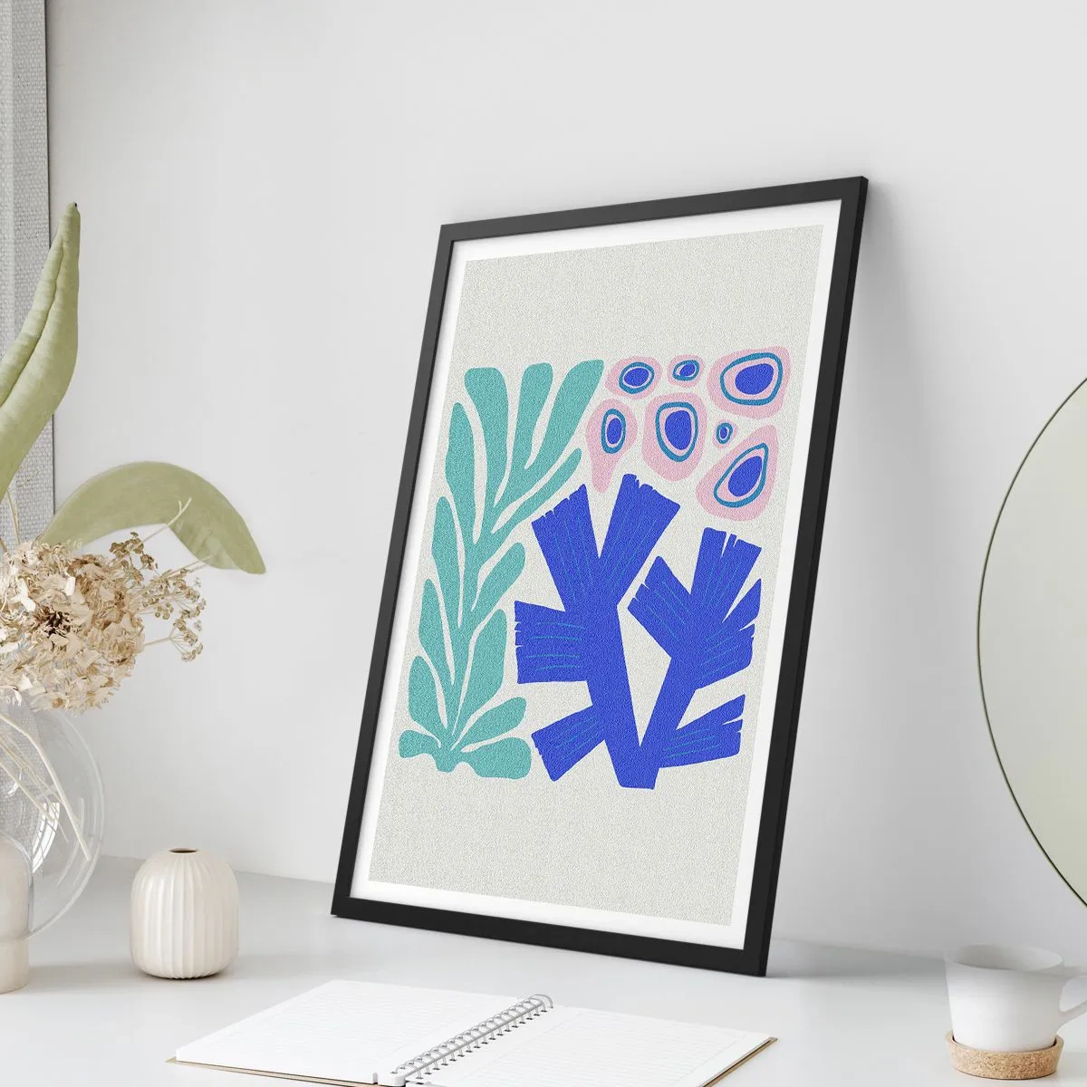 Poster în ramă neagră - Grafică stilizată a plantelor și coralilor subacvatici - 50x70cm - Grădină subacvatică - Decorațiune modernă pentru perete pentru living și dormitor ARTTOR
