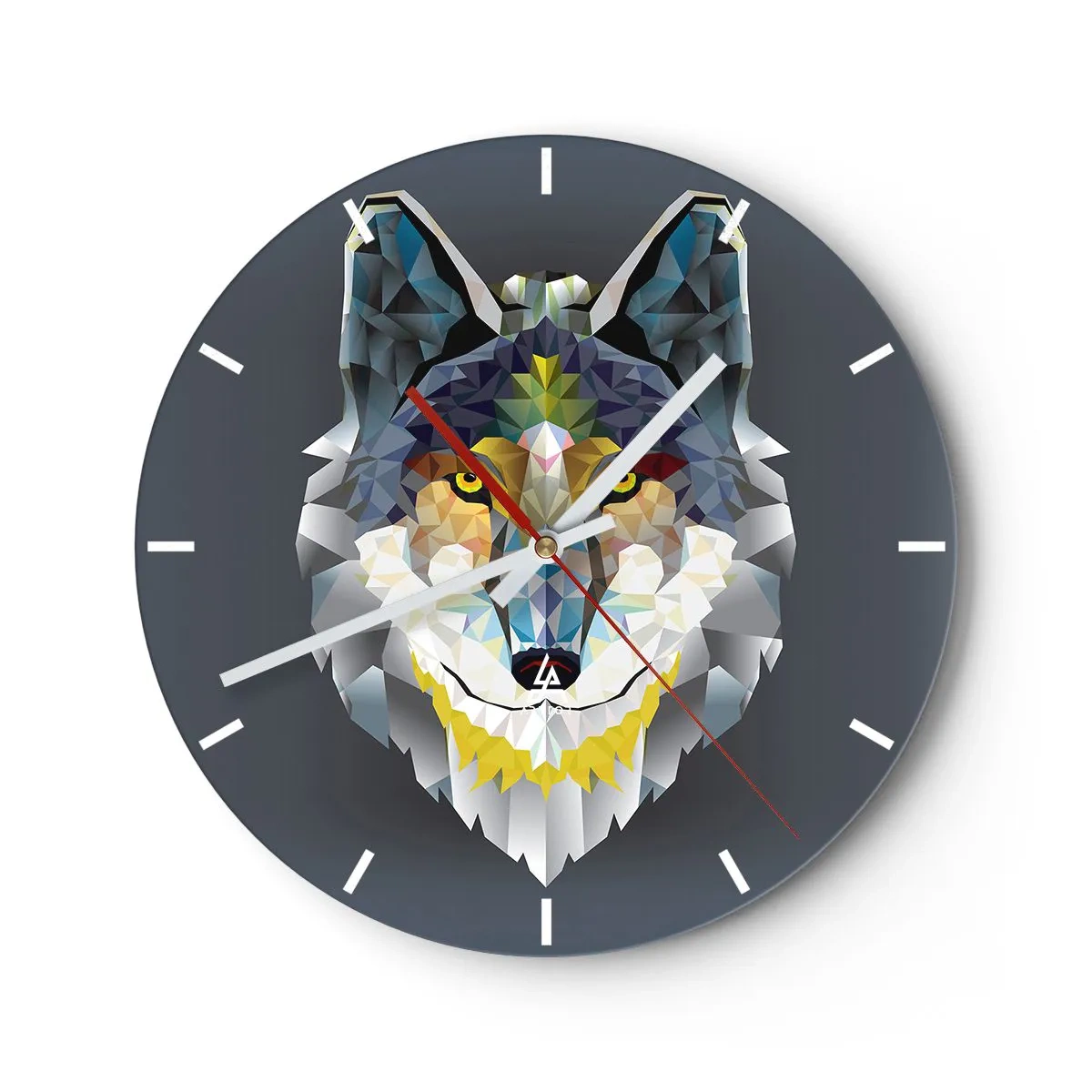 Ceas de perete - Ceas pe sticlă - Imagine geometrică a unui lup pe un fundal întunecat - 30x30cm - Ce știm despre lup - Decorațiune modernă pentru perete pentru living, bucătărie și dormitor ARTTOR