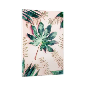 Tablou pe sticlă - Studiu de verdeață pe un fundal roz - 70x100 cm