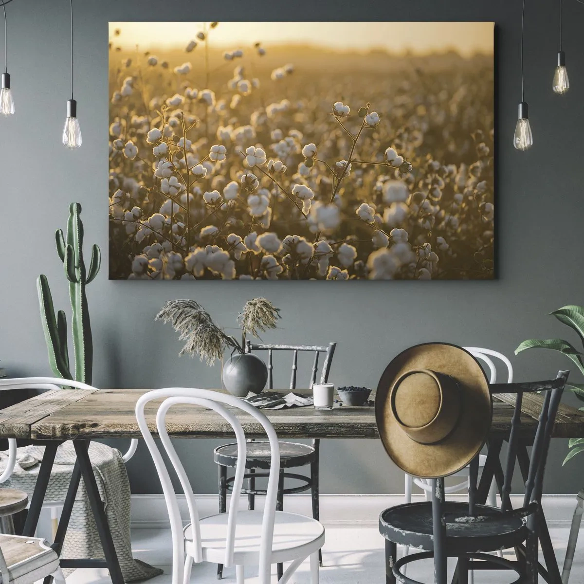 Tablou pe pânză Canvas - Un câmp de bumbac în lumina caldă a soarelui apus - 70x50cm - Câmp pufos - Decorațiune modernă pentru perete pentru living și dormitor ARTTOR