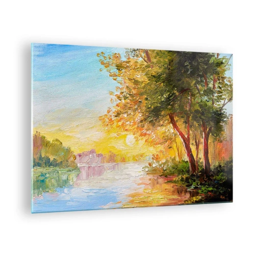 Tablou pe sticlă - Lac cu copaci la apus - 70x50cm - Et in Arcadia ego - Decorațiune modernă pentru perete pentru living și dormitor ARTTOR