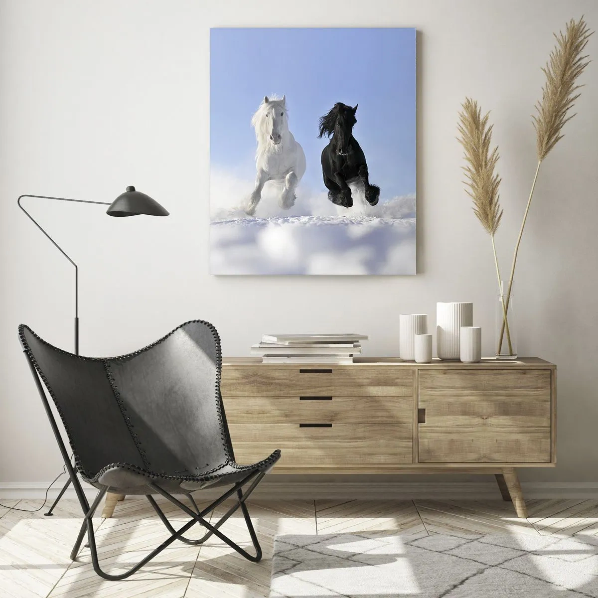 Tablou pe sticlă - Galop de alb și negru - 50x70 cm