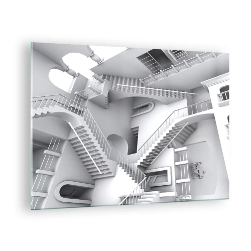 Tablou pe sticlă - Un labirint de scări într-un spațiu suprarealist - 70x50cm - Paradoxurile spațiului - Decorațiune modernă pentru perete pentru living și dormitor ARTTOR